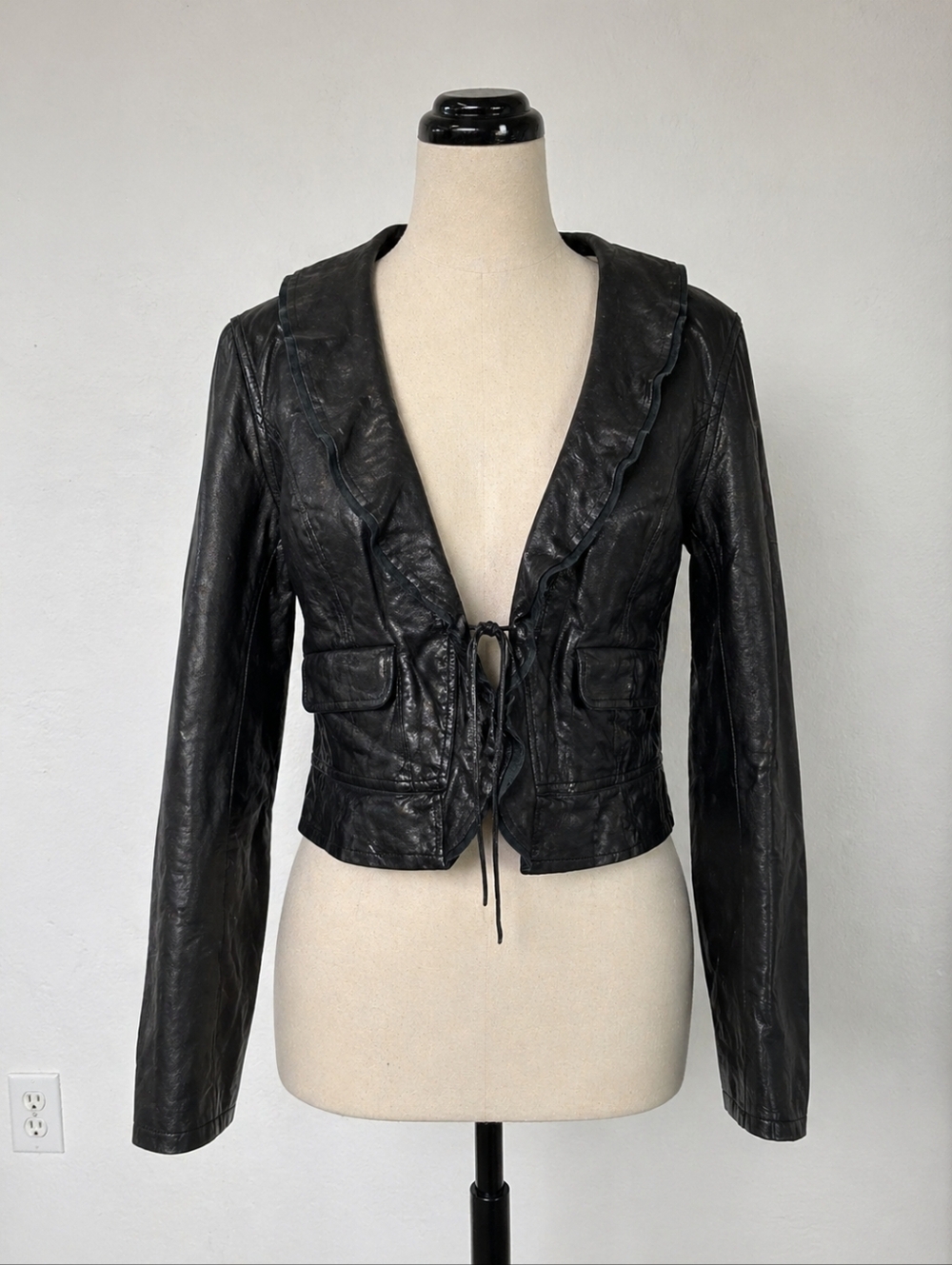 Old Navy Genuine Leather Jacket Black Cropped Fitted M